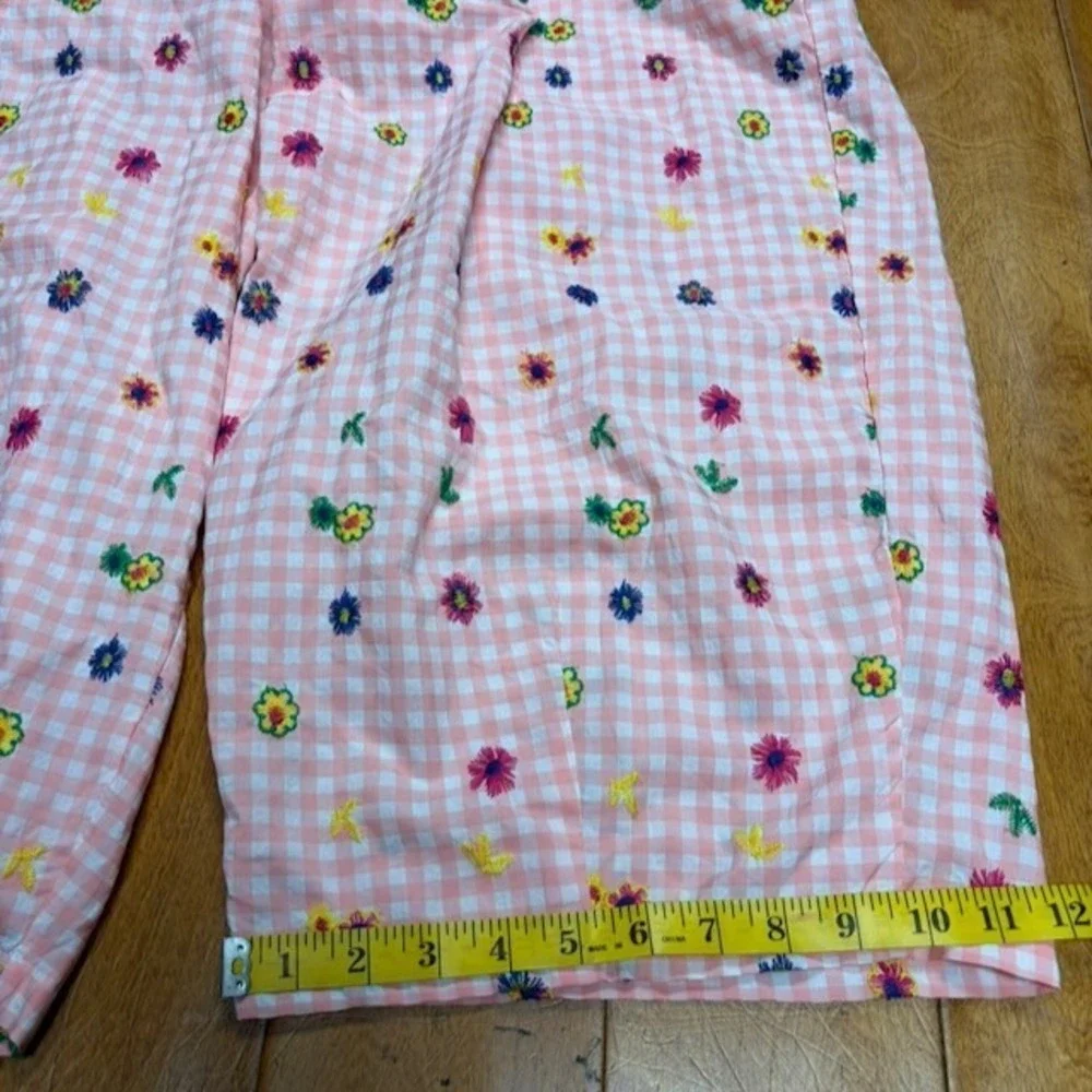 Womens Pink Gingham Floral Embroidered Wide Leg Pajama Pants *M Cottagecore Boho